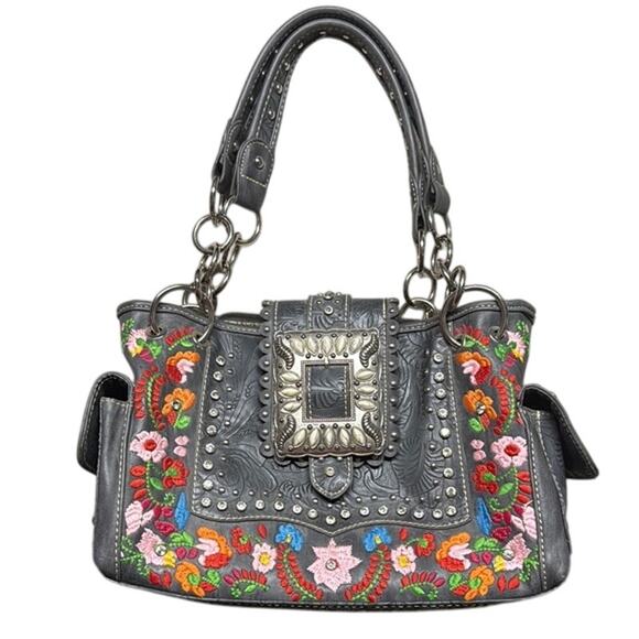 Montana West Floral Embroidered Silver Studded Boho Western Handbag Purse - Picture 1 of 13